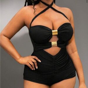 Black Halter Cutout romper shorts